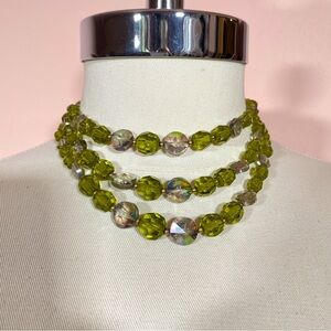 Vintage 70’s GLASS Green Aurora Borealis Mid-Century Modern Hook Back Necklace